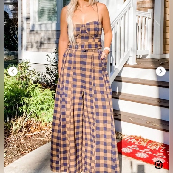 Free People Strapless Plaid Belted Jumpsuit in Navy and Tan - Picture 6 of 15
